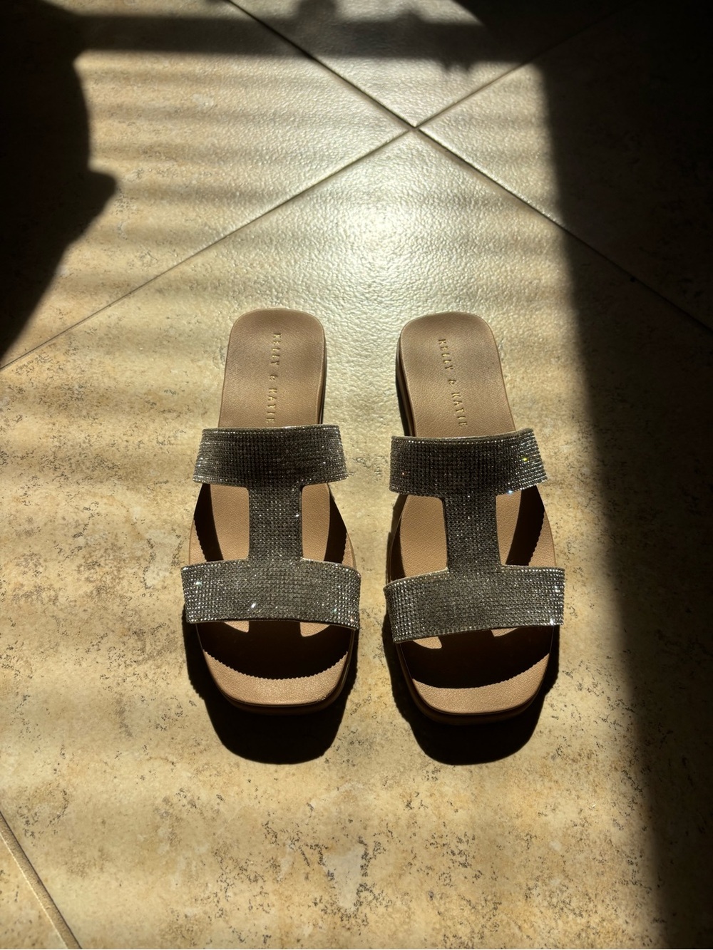 Kelly & Katie Sparkle Double-Strap Slide Sandals in Metallic Taupe